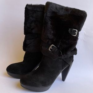 Nine West:Black Suede and Faux Fur Structural Heel Boots: size 9N